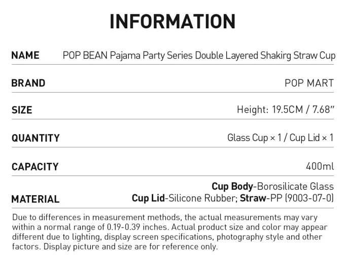 POP BEAN Tazza con cannuccia a doppio strato per pigiama party POP BEAN Tazza con cannuccia a doppio strato per pigiama party