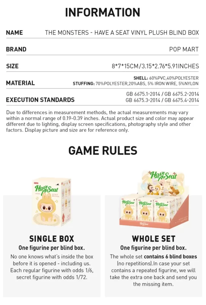 THE MONSTERS – Have A Seat Vinyl Plush Blind Box THE MONSTERS – Have A Seat Vinyl Plush Blind Box